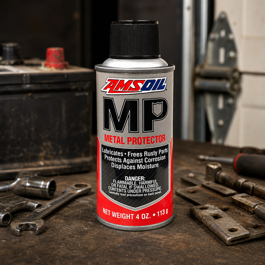 AMSOIL MP Metal Protector staged in an automotive workshop