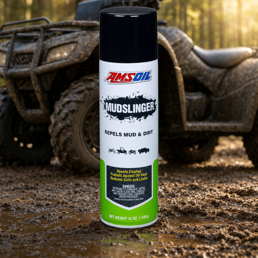 AMSOIL Mudslinger Mud and Dirt Repellent staged in an automotive workshop
