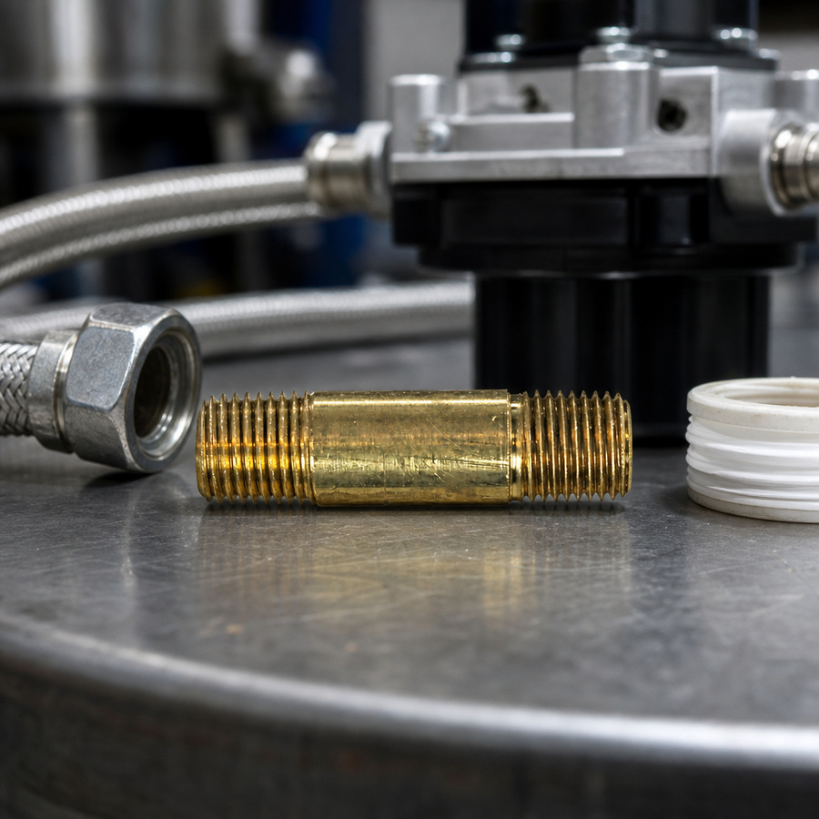 NIPPLE 1/4X2" (OP LOCATN) staged in a fluid service parts bench