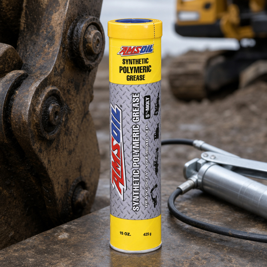 AMSOIL NLGI #1 Synthetic Polymeric Off-Road Grease staged in an equipment maintenance shop