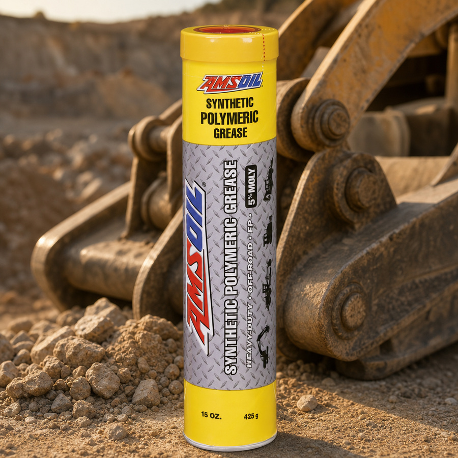 AMSOIL NLGI #2 Synthetic Polymeric Off-Road Grease staged in an equipment maintenance shop
