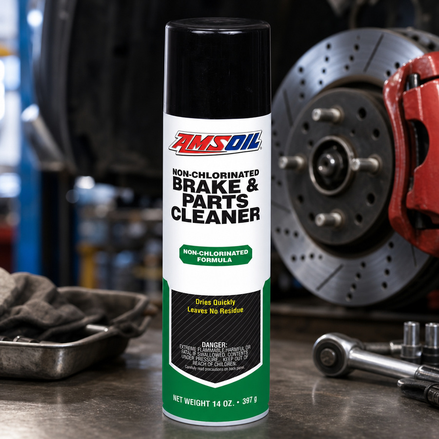 AMSOIL Non-Chlorinated Brake and Parts Cleaner staged in a brake service bench