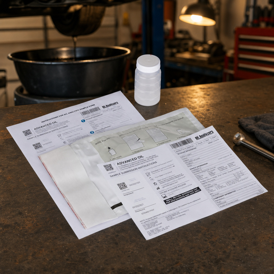 OAI Oil Sample Value Kit, NON-POSTAGE PAID staged in an automotive workshop