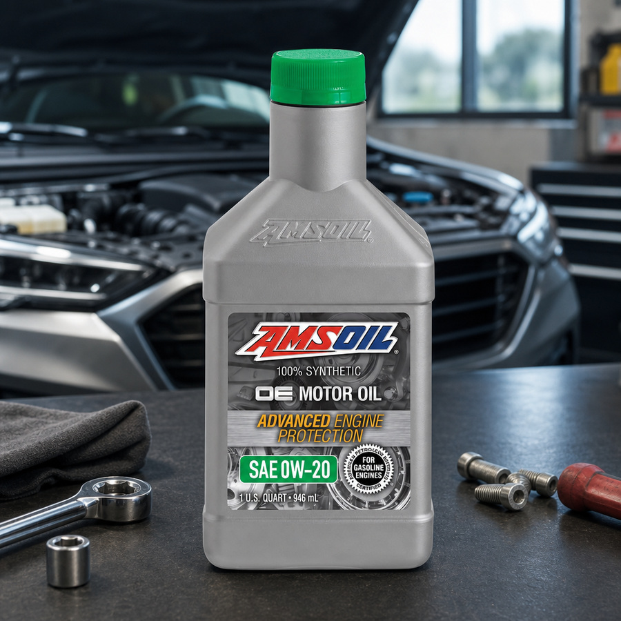 AMSOIL OE 0W-20 100% Synthetic Motor Oil staged in an automotive service garage