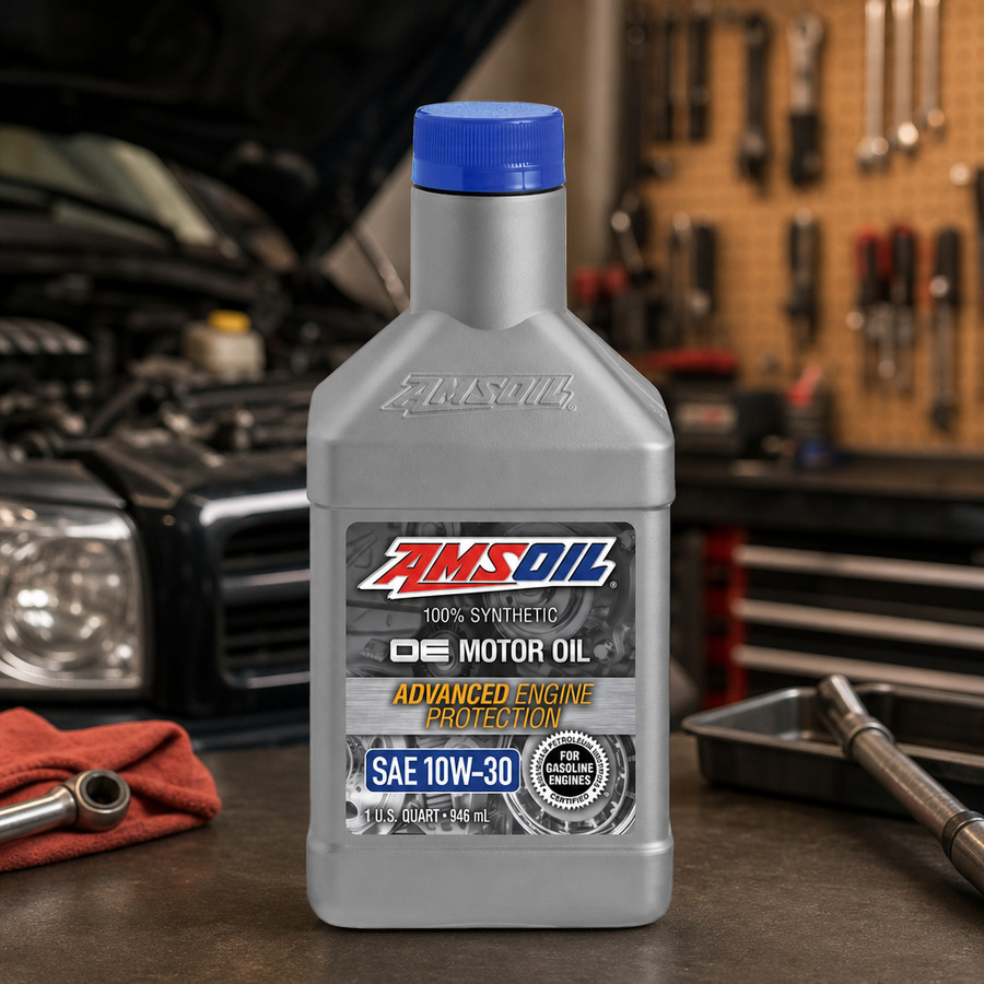 AMSOIL OE 10W-30 100% Synthetic Motor Oil staged in an automotive service garage