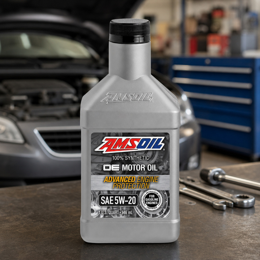 AMSOIL OE 5W-20 100% Synthetic Motor Oil staged in an automotive service garage