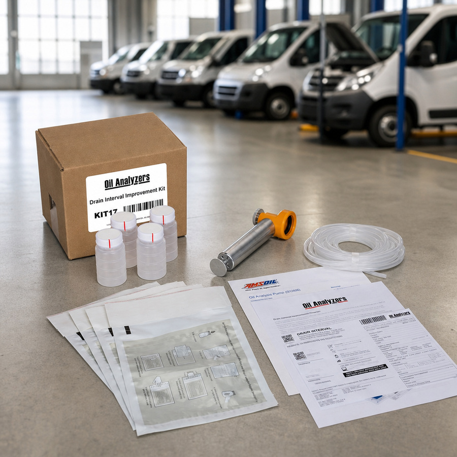 Oil Analyzers Commercial Drain Interval Improvement Test Kit, Non Postage Paid staged in an automotive workshop
