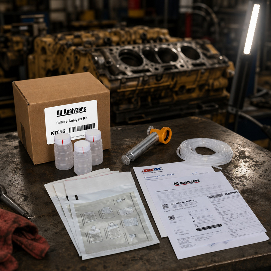 Oil Analyzers Commercial Failure Analysis Test Kit, Non Postage Paid staged in an automotive workshop