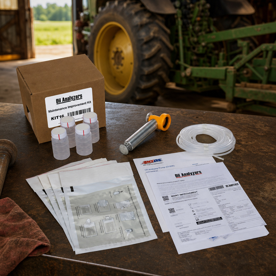 Oil Analyzers Commercial Maintenance Improvement Test Kit, Non Postage Paid staged in an automotive workshop