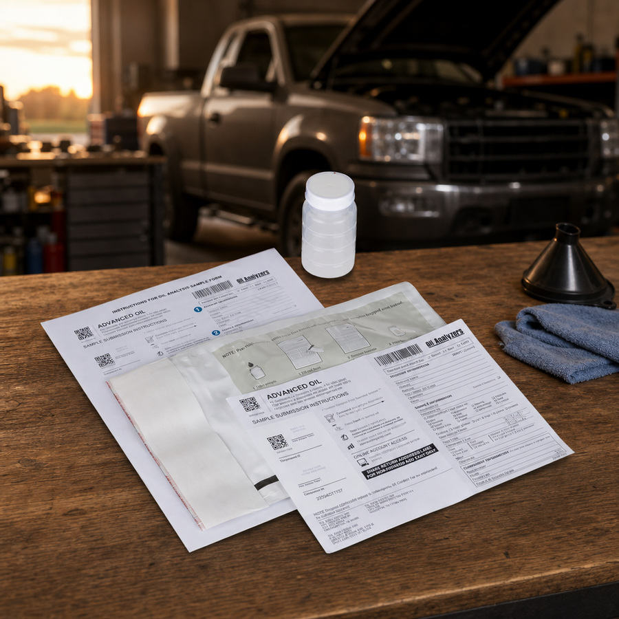 Oil Analyzers Test Kit, Non Postage Paid staged in an automotive workshop