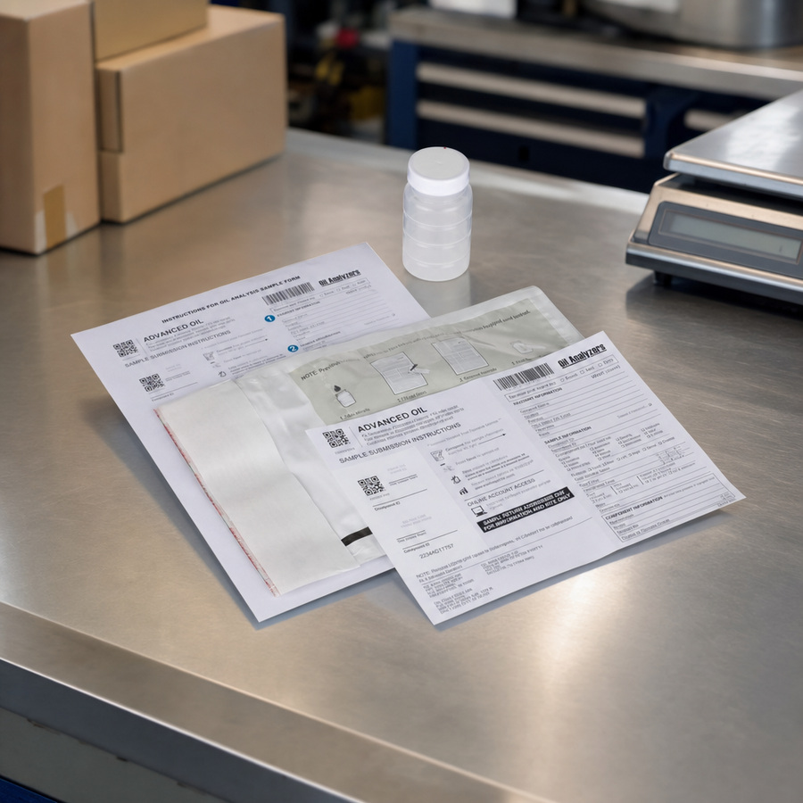 Oil Analyzers Test Kit, UPS Pre-Paid staged in an automotive workshop