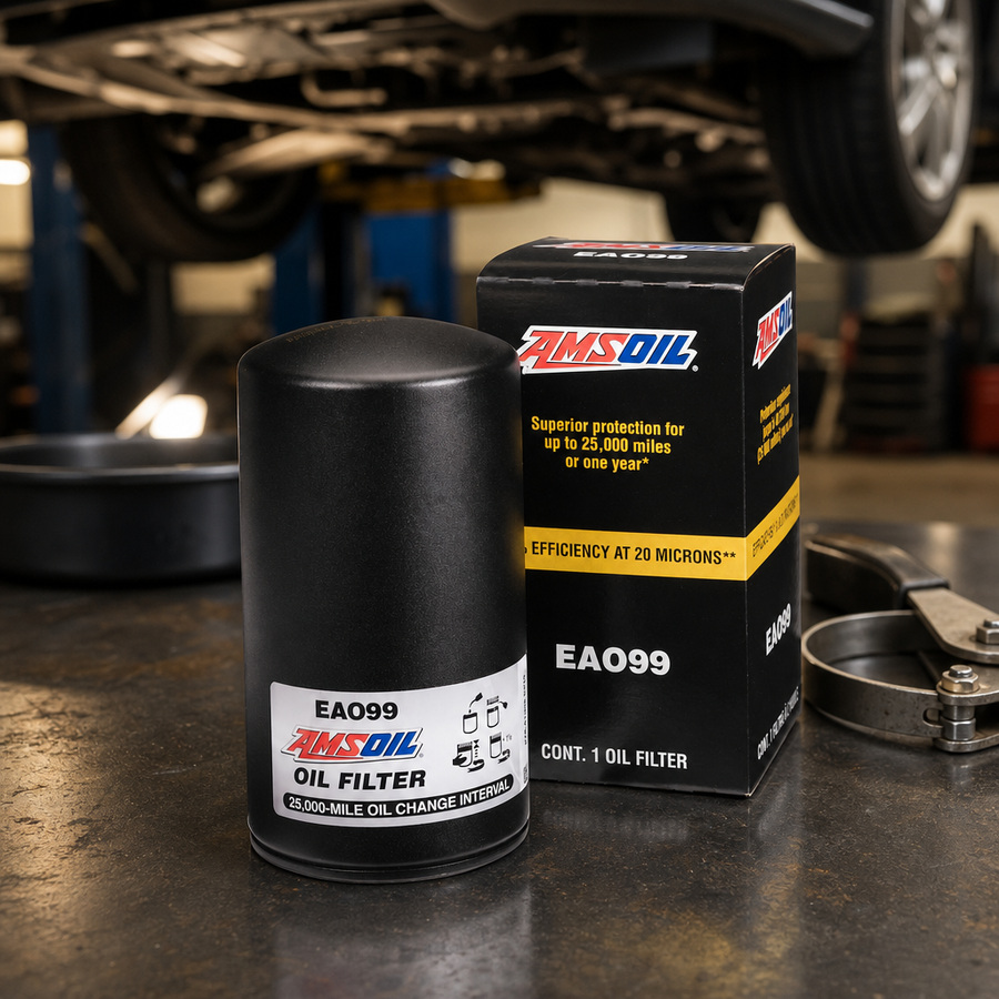 AMSOIL Oil Filter staged in an automotive parts workbench