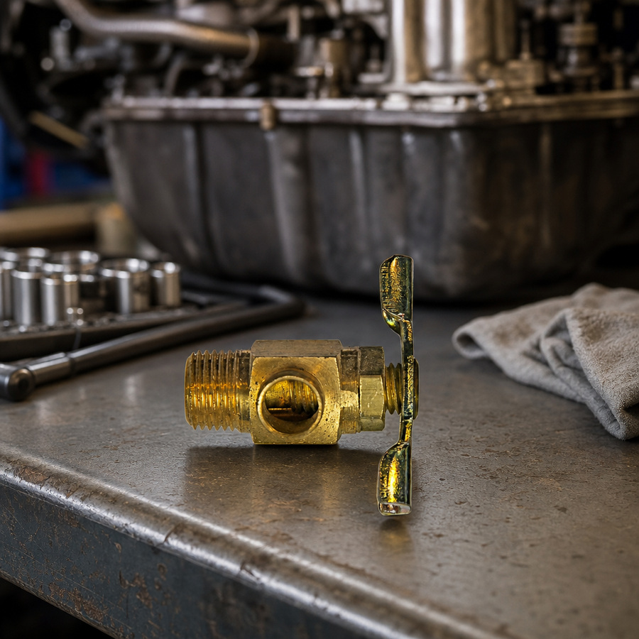 Oil Sample Petcock Valve staged in a fluid service parts bench