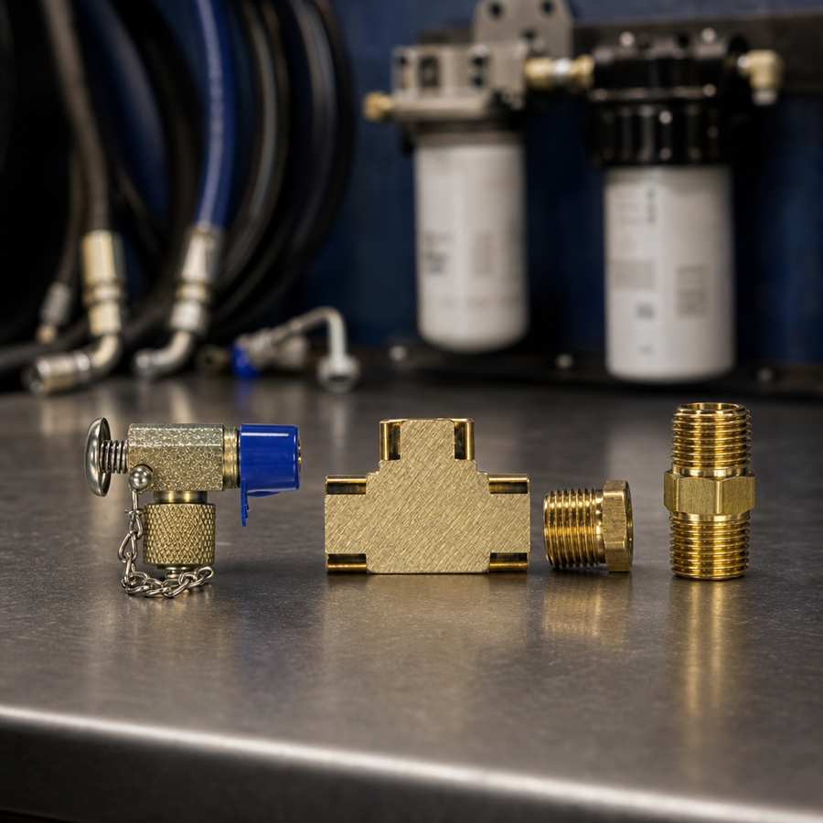 Oil Sample Valve Kit for BMK30 staged in a fluid service parts bench