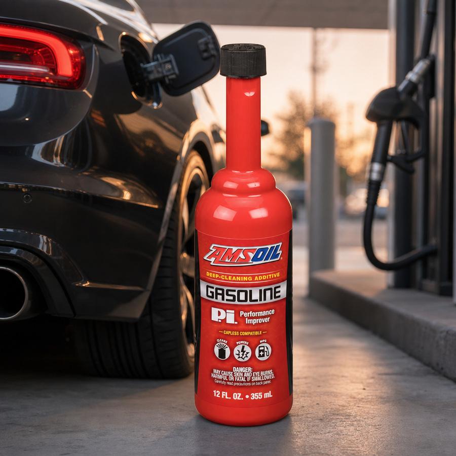 AMSOIL P.i. Performance Improver Gasoline Additive staged in an automotive workshop