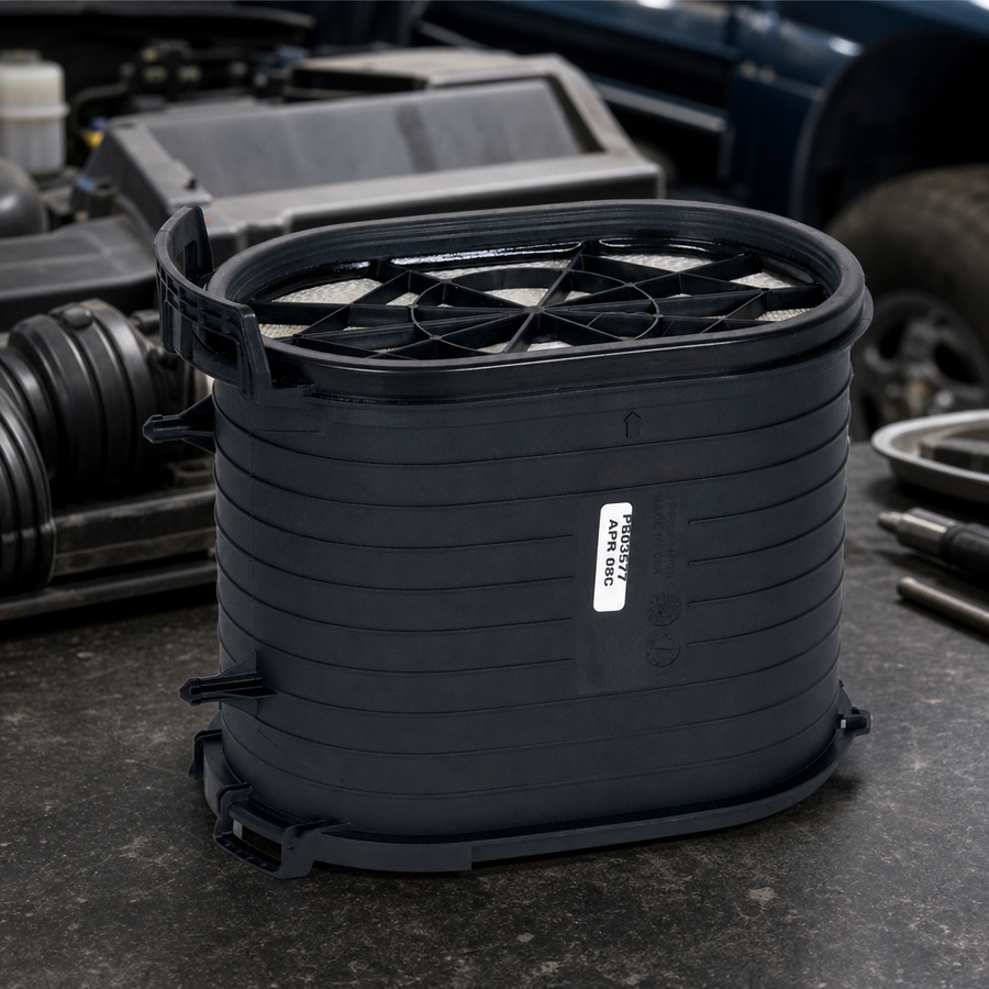 PowerCoreFilter For Ford 6.0L Diesel PowerStroke staged in a diesel truck shop