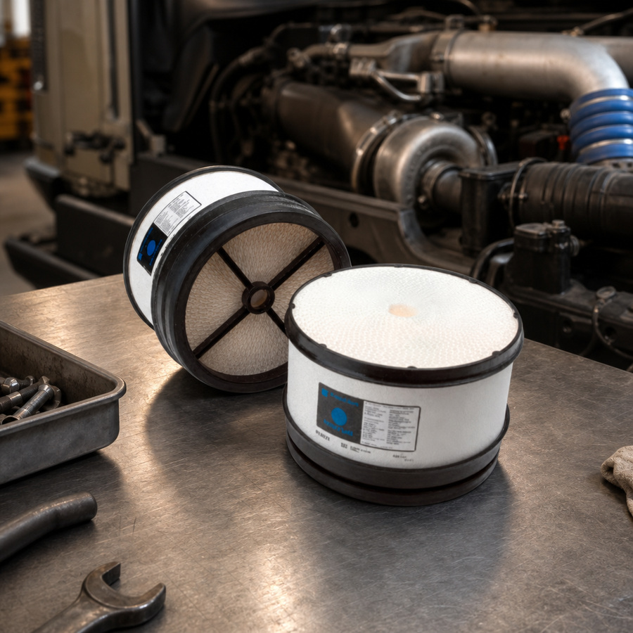 AMSOIL PowerCoreFilter for GM 6.6L Duramax Diesel staged in a diesel truck shop
