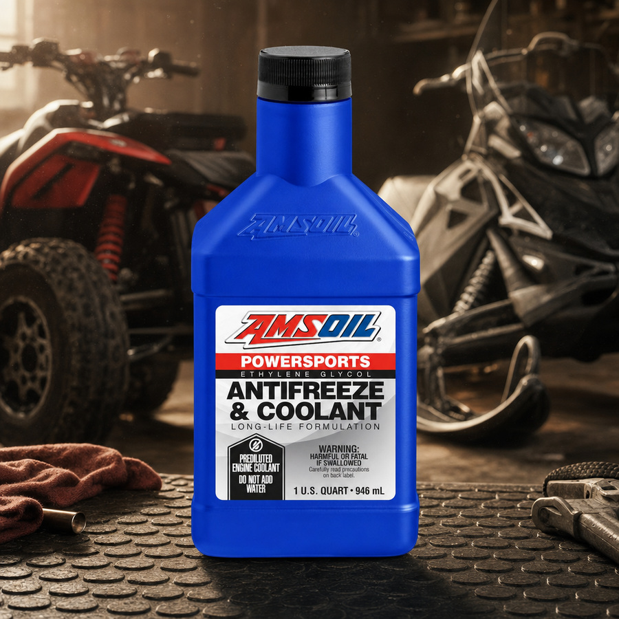 AMSOIL Powersports Antifreeze & Coolant staged in a radiator service bay