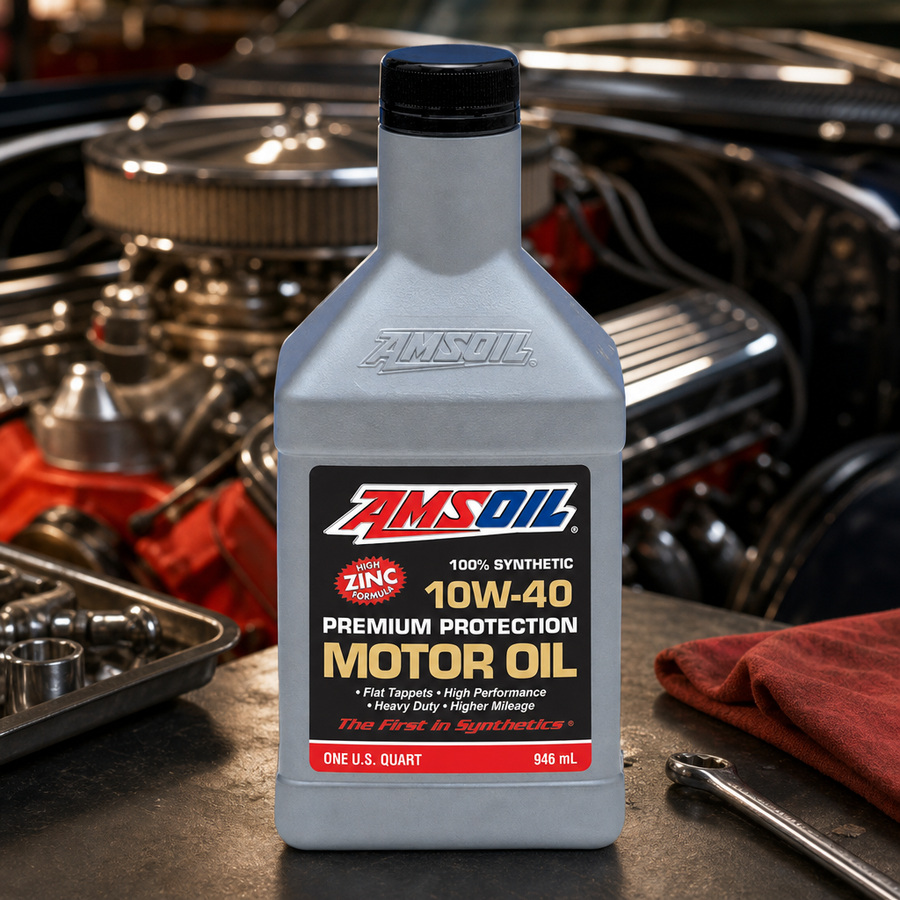 AMSOIL Premium Protection 10W-40 100% Synthetic Motor Oil staged in an automotive service garage