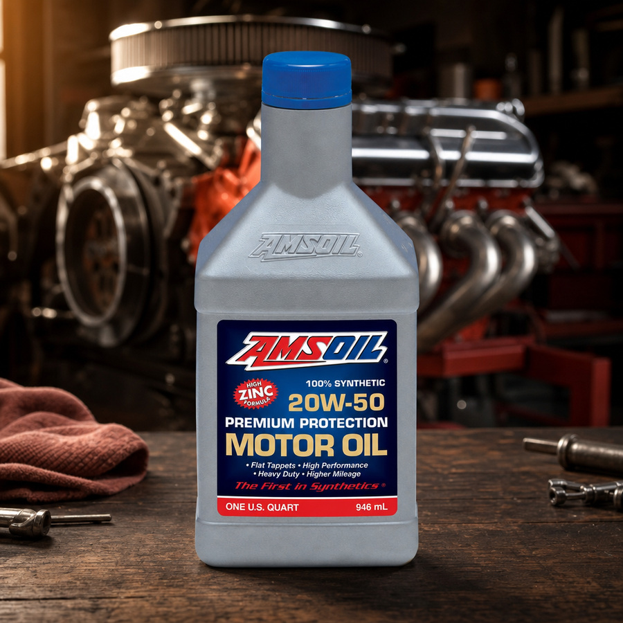 AMSOIL Premium Protection 20W-50 100% Synthetic Motor Oil staged in an automotive service garage