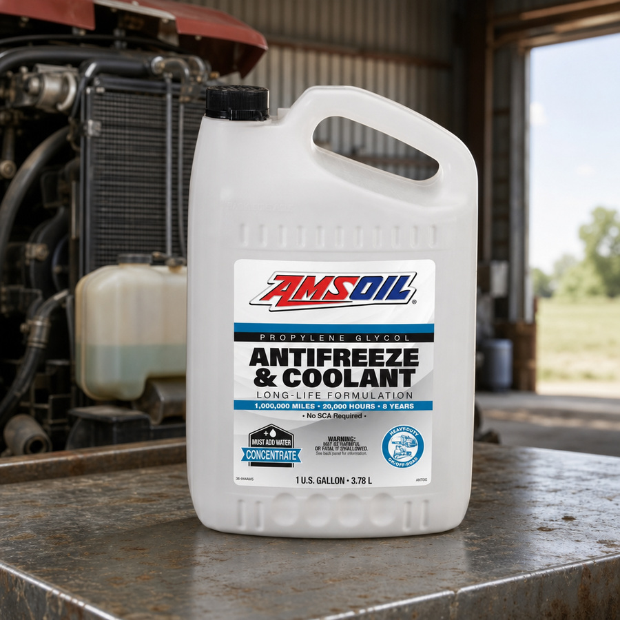 AMSOIL Propylene Glycol Antifreeze and Engine Coolant staged in a radiator service bay