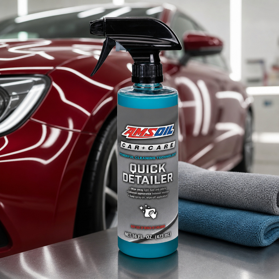 AMSOIL Quick Detailer staged in a car detailing bay