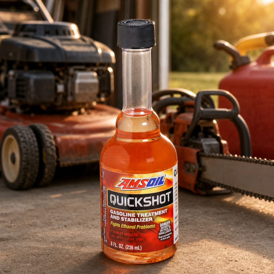 AMSOIL Quickshot Gasoline Treatment and Stabilizer staged in a fuel system service area