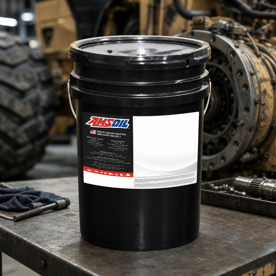 AMSOIL SAE 10W 100% Synthetic Powershift Transmission Fluid staged in a transmission service bay