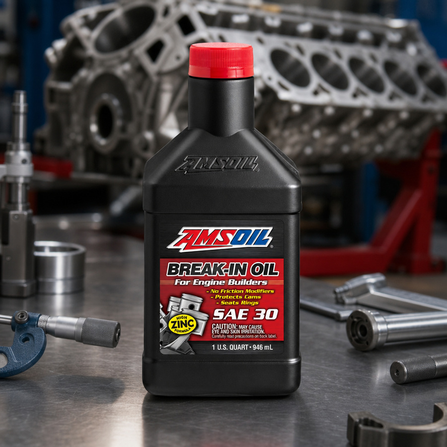 AMSOIL SAE 30 Break-In Oil staged in an automotive workshop