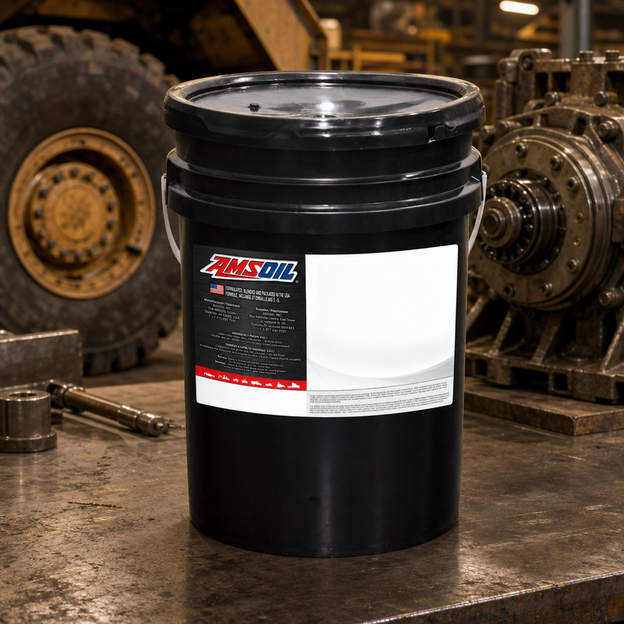 AMSOIL SAE 50 100% Synthetic Powershift Transmission Fluid staged in a transmission service bay