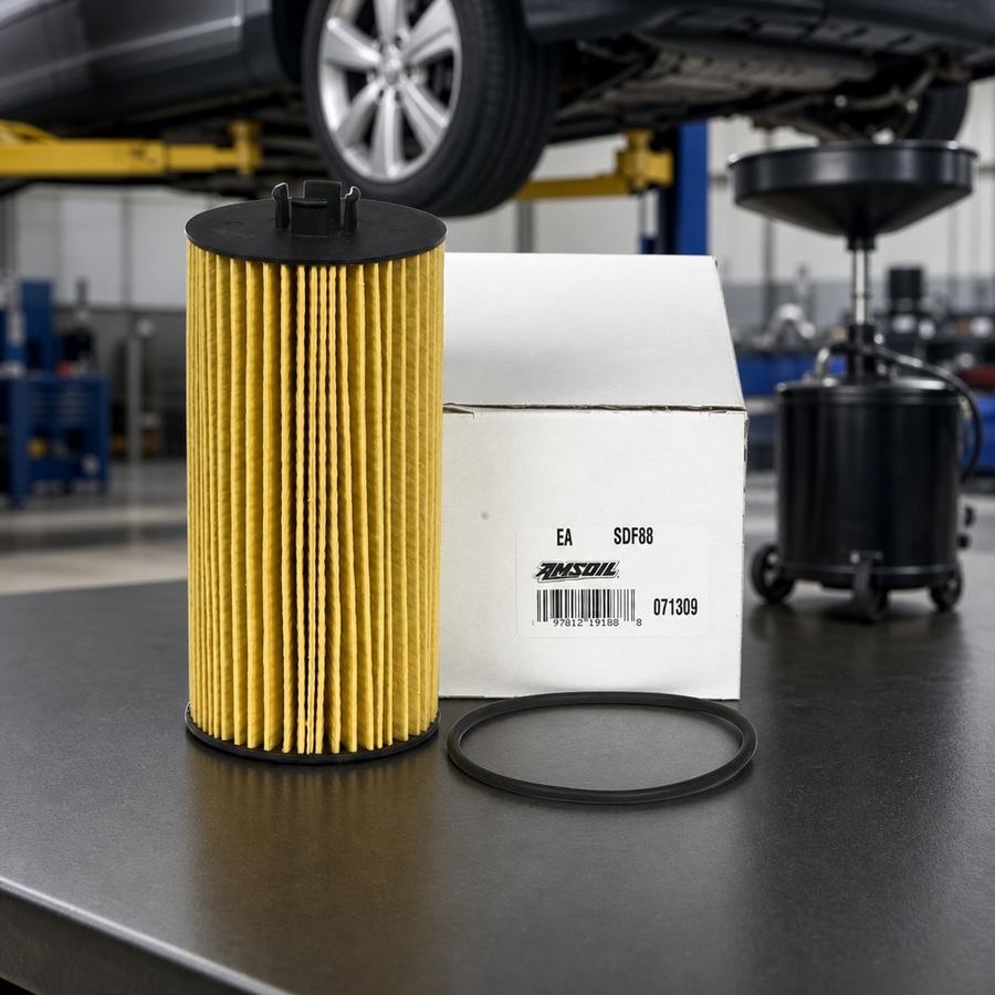 AMSOIL SDF88 Oil Filter staged in an automotive parts workbench