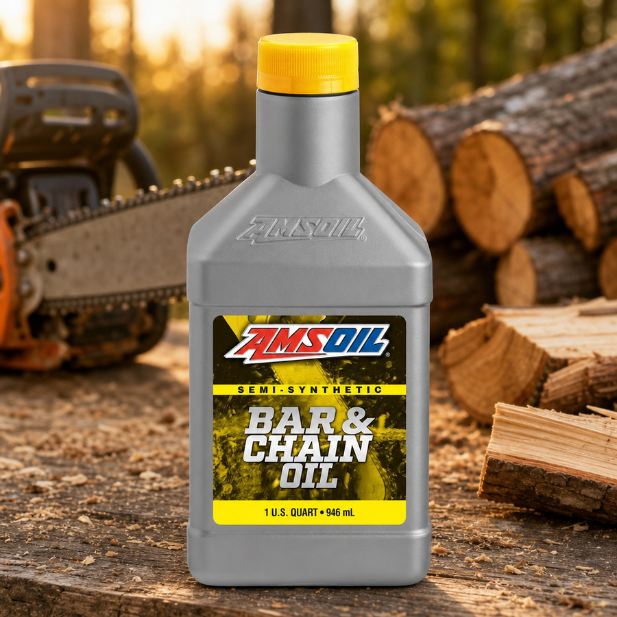 AMSOIL Semi-Synthetic Bar and Chain Oil staged in an outdoor power equipment shop
