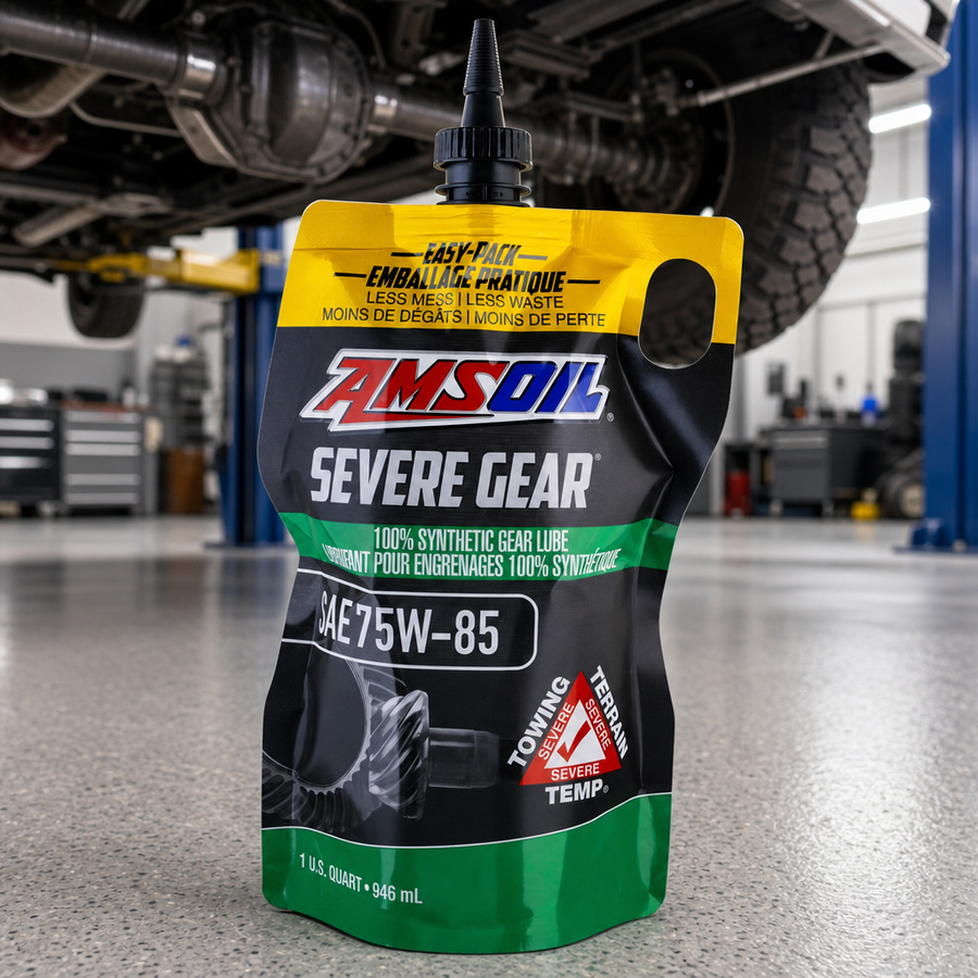 AMSOIL SEVERE GEAR 75W-85 100% Synthetic Gear Lube staged in a drivetrain and gear workshop
