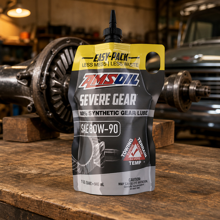 AMSOIL SEVERE GEAR 80W-90 100% Synthetic Gear Lube staged in a drivetrain and gear workshop