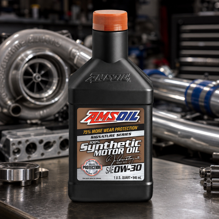 AMSOIL Signature Series 0W-30 100% Synthetic Motor Oil staged in an automotive service garage