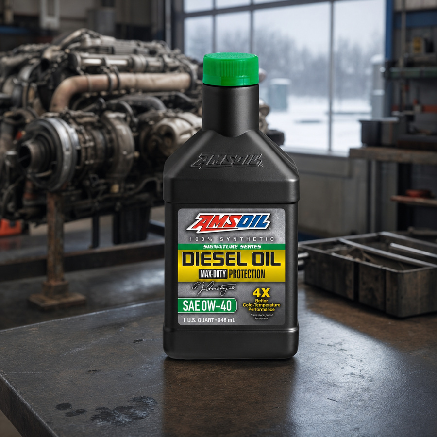 AMSOIL Signature Series 0W-40 100% Synthetic Max-Duty Diesel Oil staged in a diesel truck shop