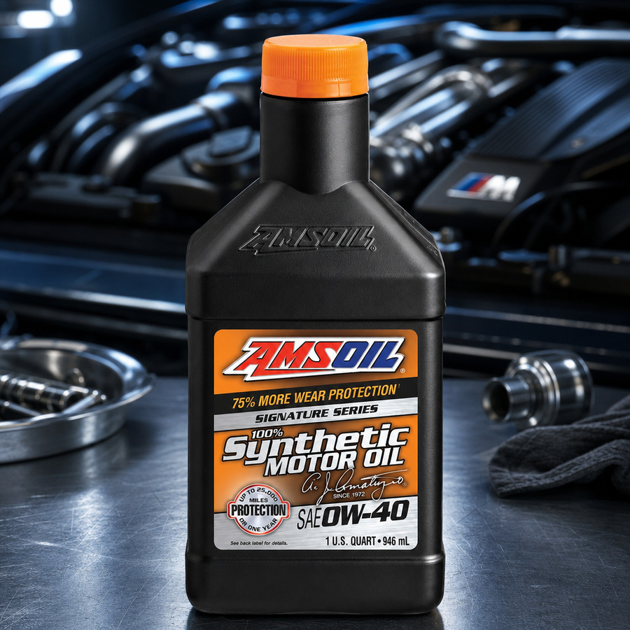 AMSOIL Signature Series 0W-40 100% Synthetic Motor Oil staged in an automotive service garage