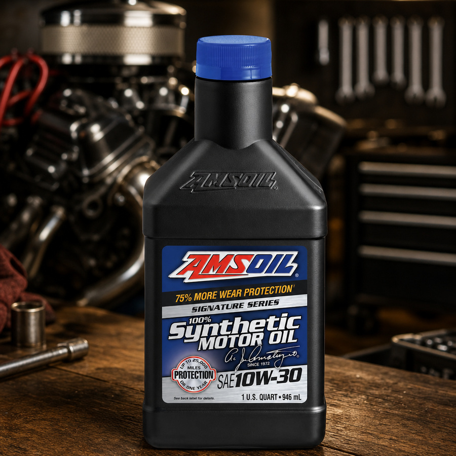 AMSOIL Signature Series 10W-30 100% Synthetic Motor Oil staged in an automotive service garage