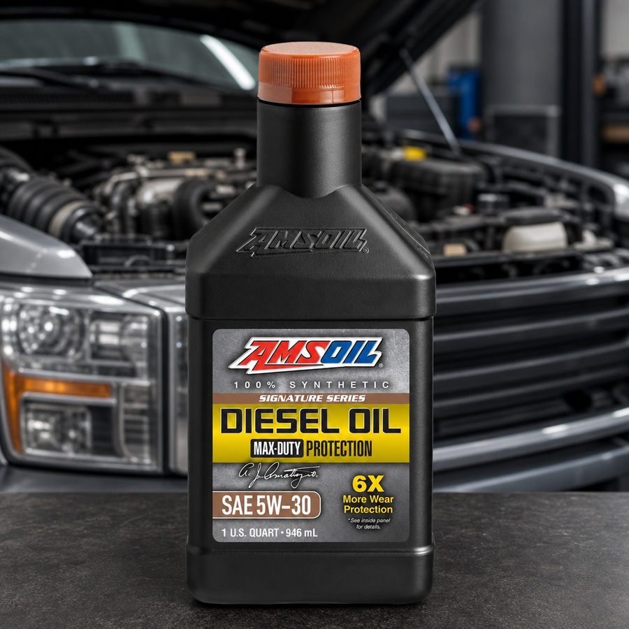 AMSOIL Signature Series 5W-30 100% Synthetic Max-Duty Diesel Oil staged in a diesel truck shop