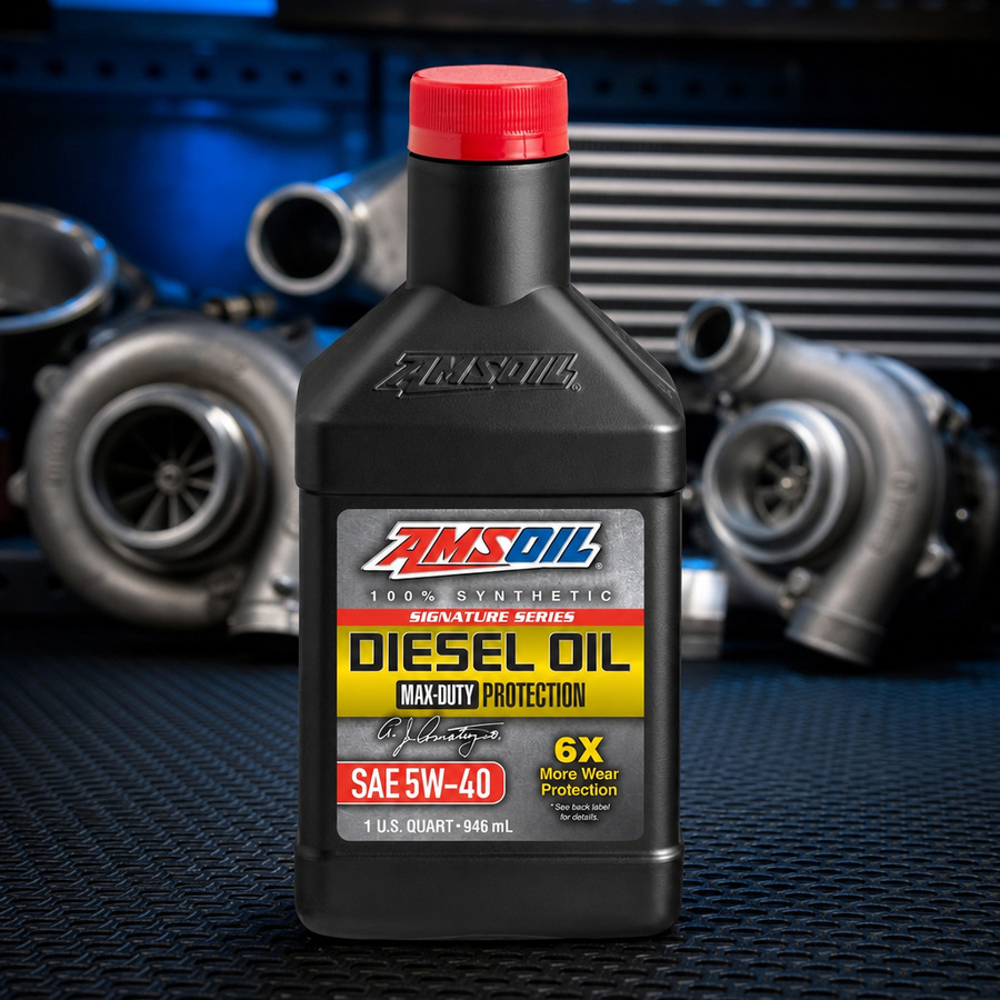 AMSOIL Signature Series 5W-40 100% Synthetic Max-Duty Diesel Oil staged in a diesel truck shop