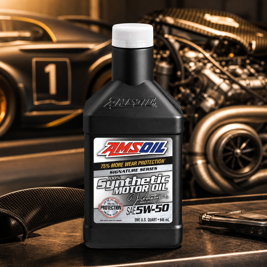AMSOIL Signature Series 5W-50 100% Synthetic Motor Oil staged in an automotive service garage