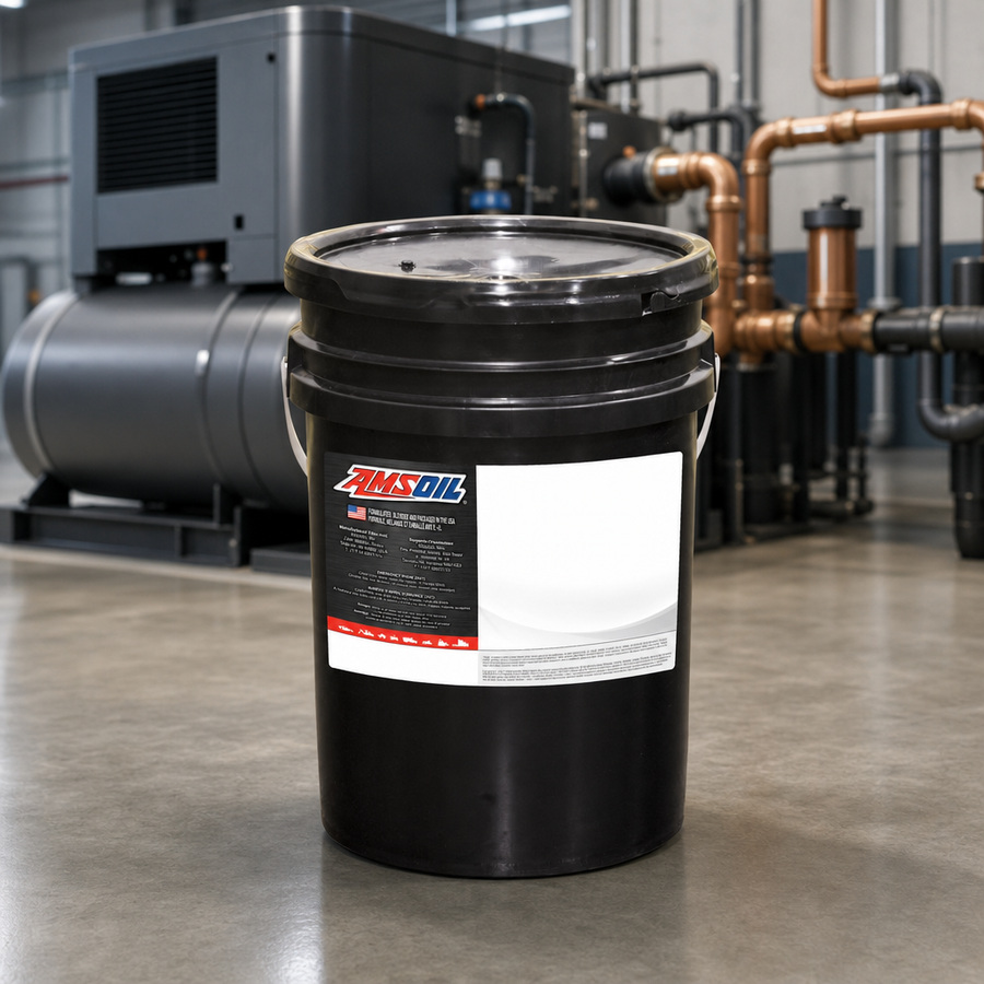 AMSOIL SIROCCO ISO-32/46 Compressor Oil staged in an industrial compressor room
