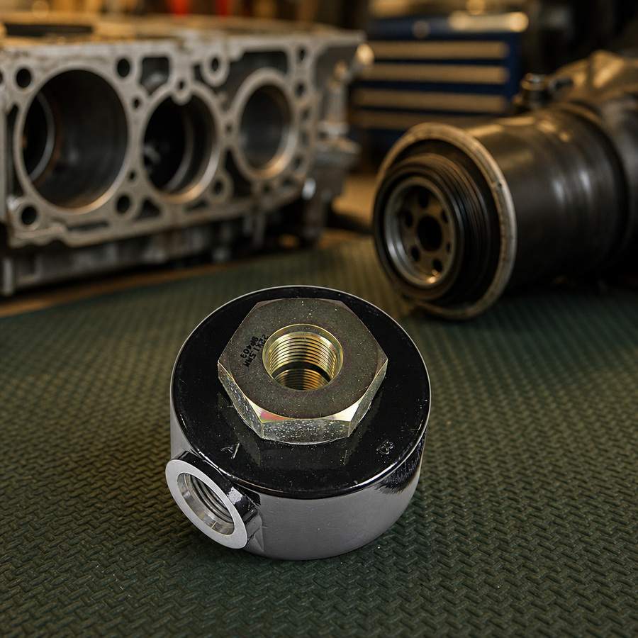Spin On Adapter staged in a fluid service parts bench, product code P-SPIN-ON-ADAPTER-BK299