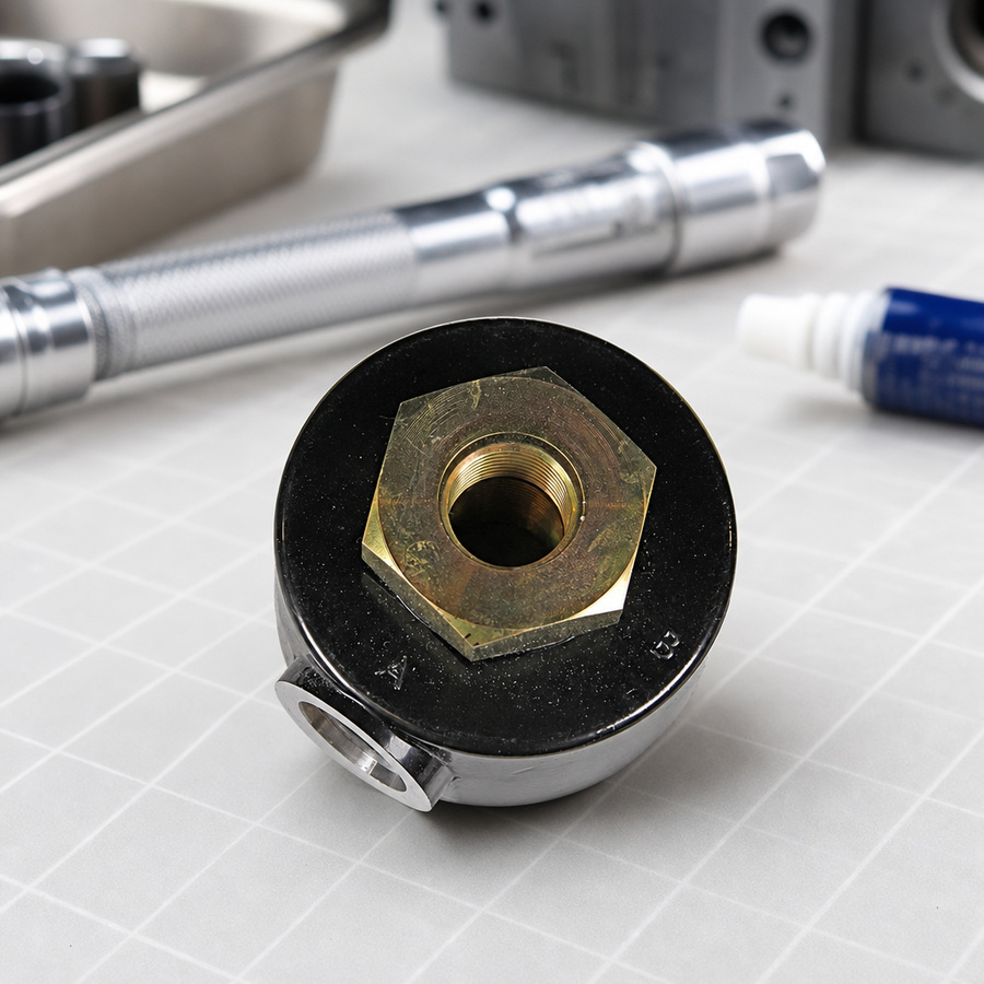 Spin On Adapter staged in a fluid service parts bench, product code P-SPIN-ON-ADAPTER-BK300