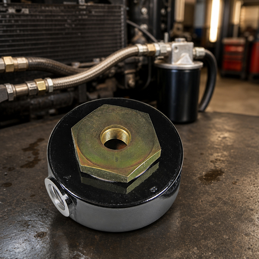 Spin On Adapter staged in a fluid service parts bench, product code P-SPIN-ON-ADAPTER-BK301