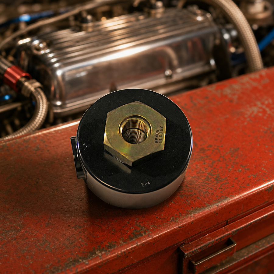 Spin On Adapter staged in a fluid service parts bench, product code P-SPIN-ON-ADAPTER-BK302