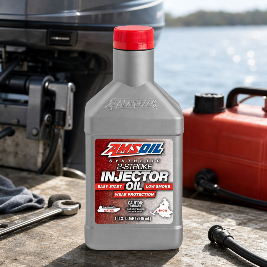 AMSOIL 100% Synthetic 2-Stroke Injector Oil staged in a snowmobile and sled workshop