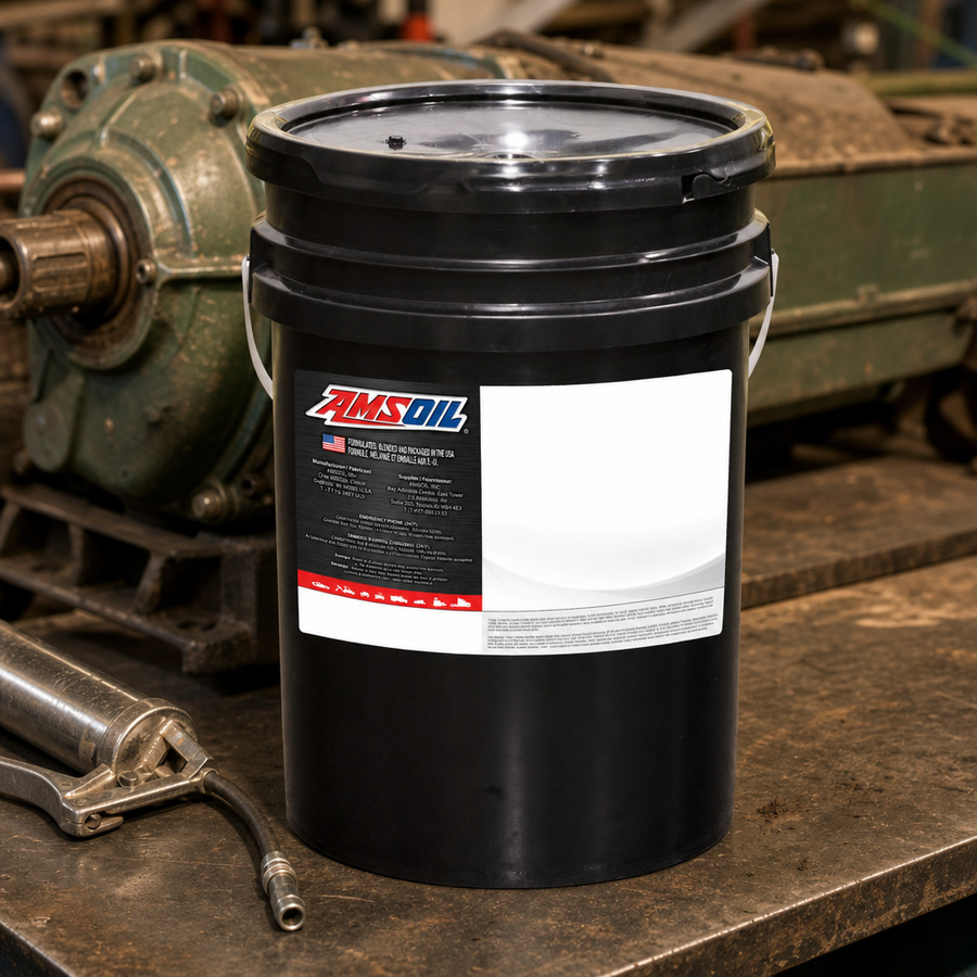 AMSOIL Synthetic EP #00 Grease staged in an equipment maintenance shop