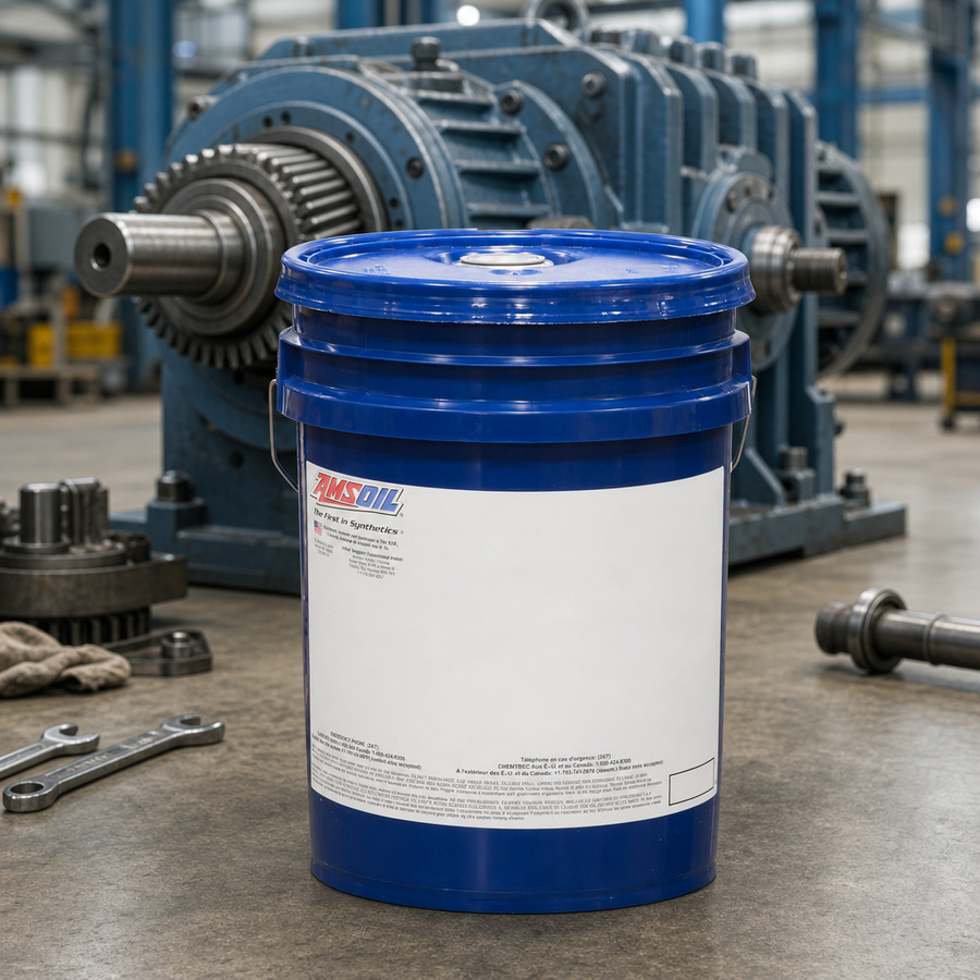 Synthetic EP Gear Oil 150 staged in a drivetrain and gear workshop