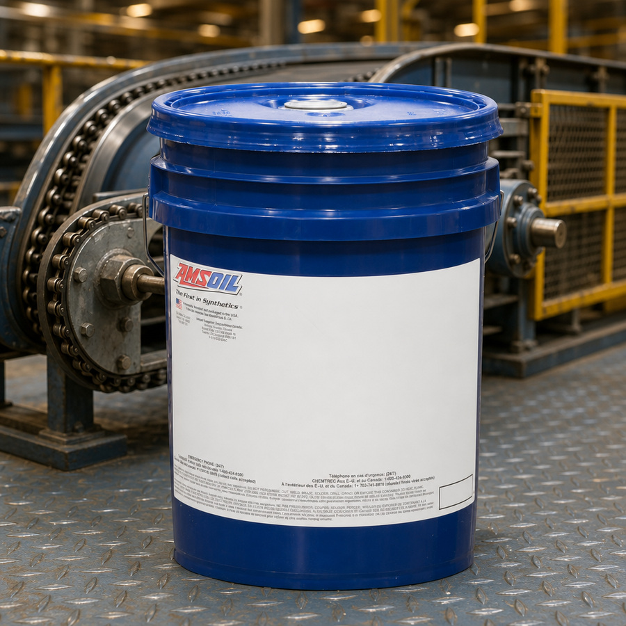 Synthetic EP Gear Oil 220 staged in a drivetrain and gear workshop